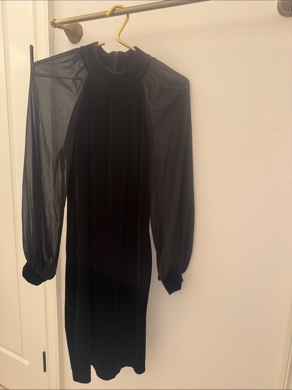 Calvin Klein Black Velvet Dress with Sheer Long Sleeves
